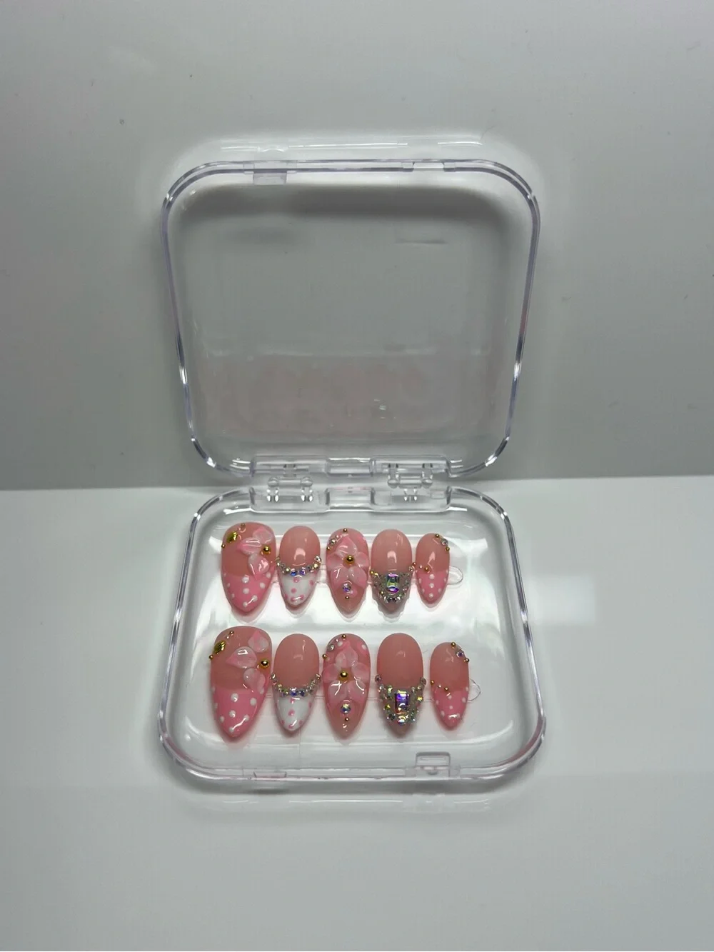 Handmade Pink Blossom 3D Flower Rhinestone Press-On Nails